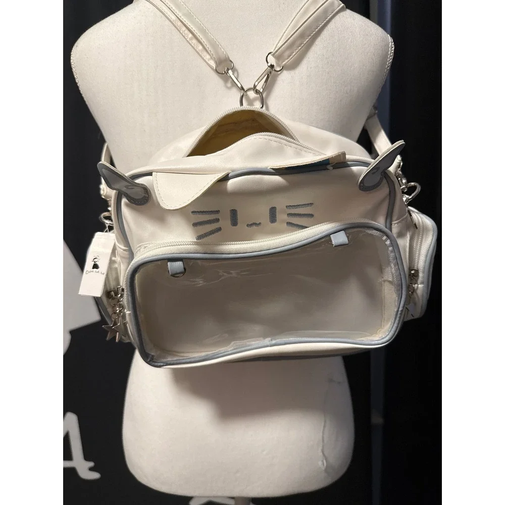 Kawaii Cat Ita Bag White Faux Leather Convertible Backpack Crossbody Pin Display